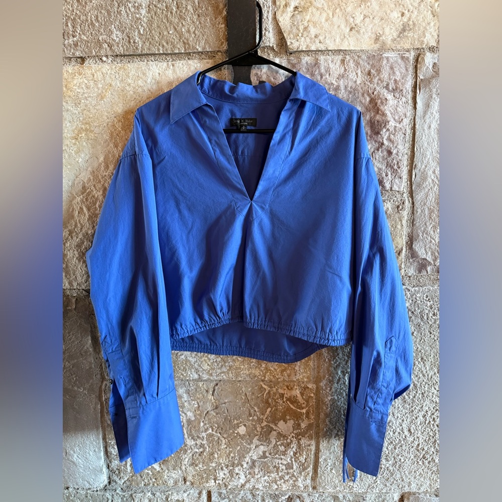 rag & bone Cobalt Blue Cropped V-Neck Button-Down Shirt
